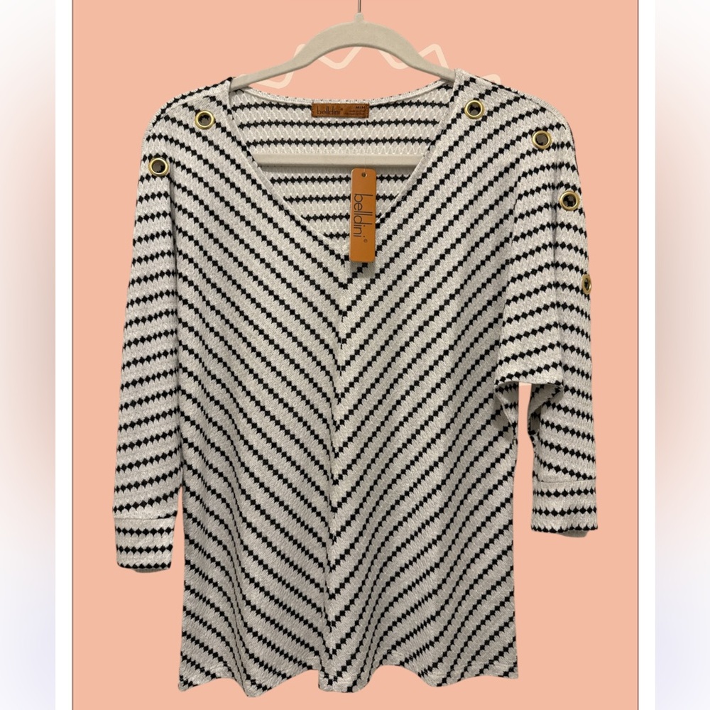 NEW Belldini Blouse, 3/4 Sleeves, Size M, Colors: White and Black, V-Neck.